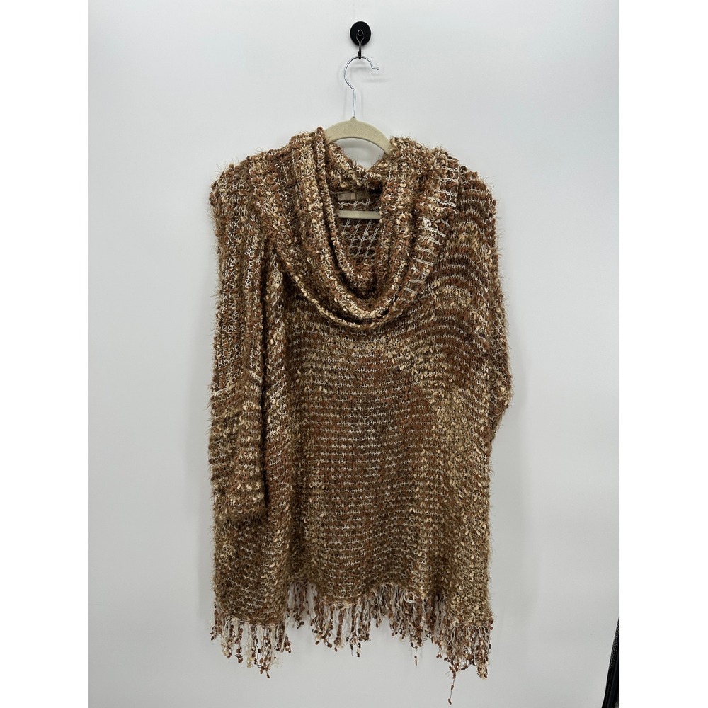 Ryu Womens Brown Cream Fringed Cowl Neck Eyelash Knit Poncho Sweater M/L Boho - Picture 2 of 8
